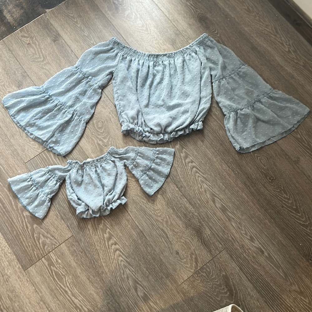 Super Cute Dusty Blue Off Shoulder Tops with Bell Sleeves